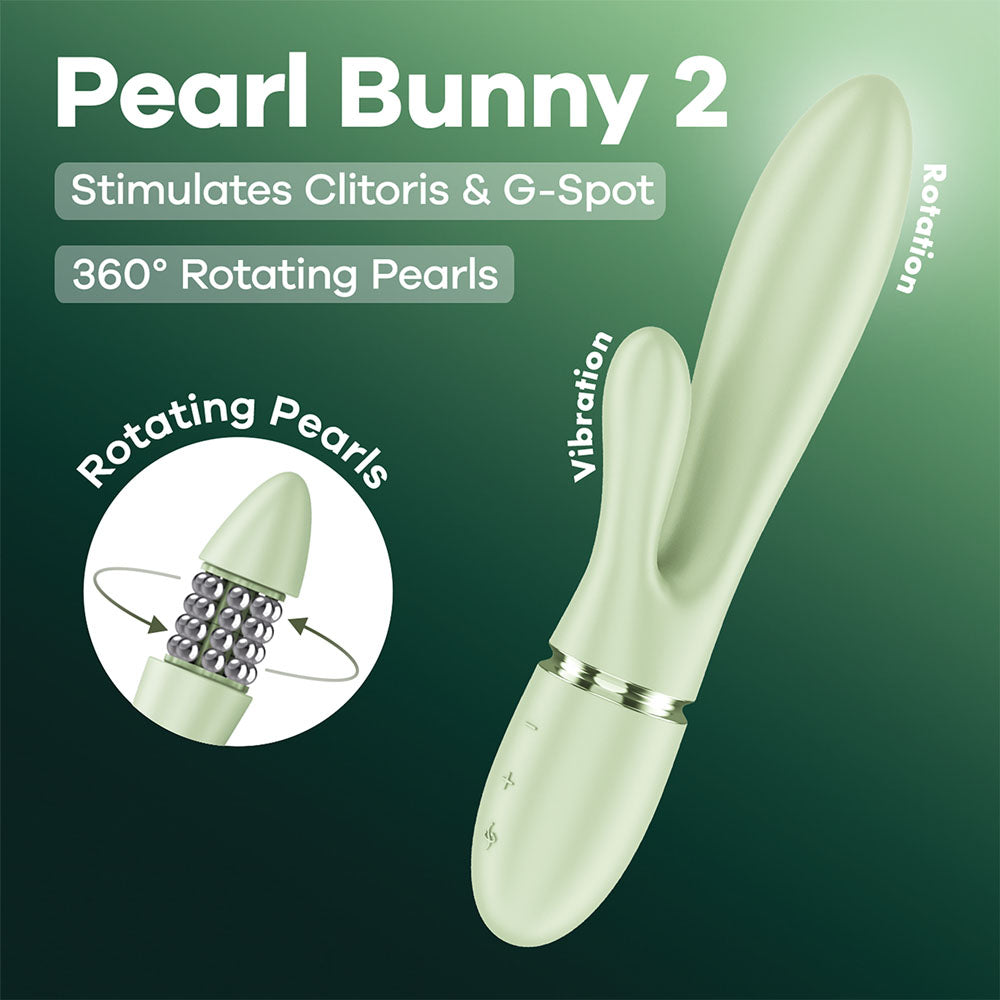 Satisfyer Pearl Bunny 2 in Light Green, product graphic with feature callouts