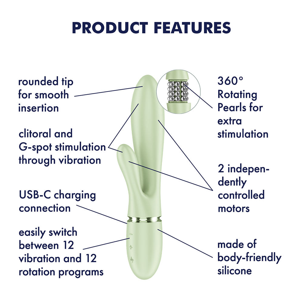 Satisfyer Pearl Bunny 2 in Light Green, labelled feature diagram