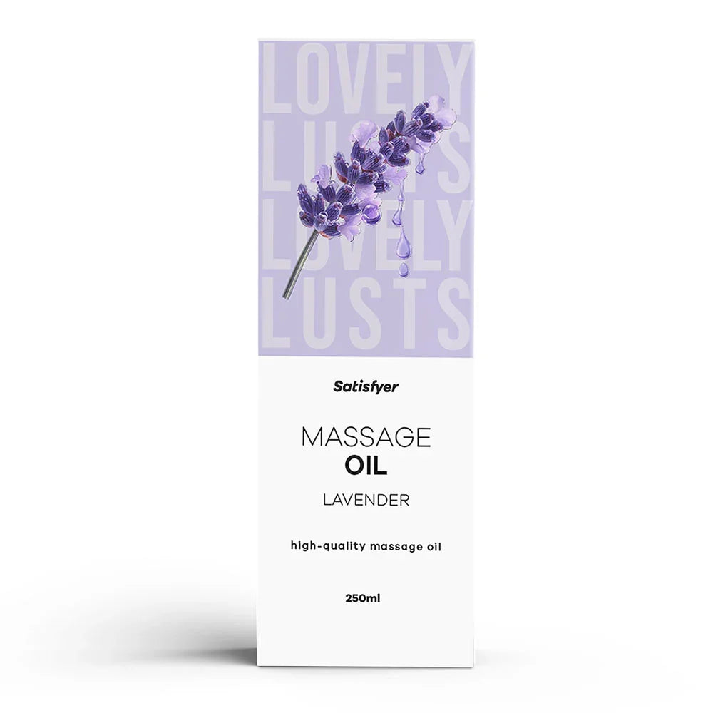 Satisfyer Massage Oil 250ml in Lavender, white carton