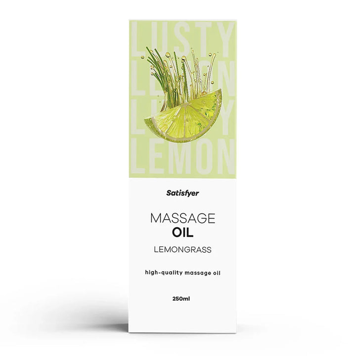 Satisfyer Massage Oil 250ml in Lemongrass, white carton