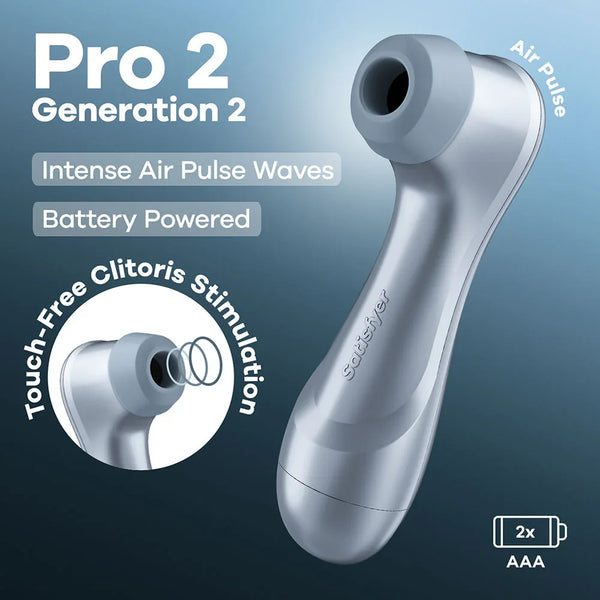 Satisfyer Pro 2 Air Pulse Clitoral Stimulator in Light Blue, product graphic with feature callouts
