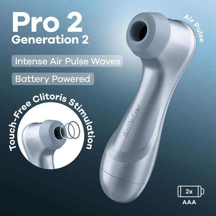 Satisfyer Pro 2 Air Pulse Clitoral Stimulator in Light Blue, product graphic with feature callouts