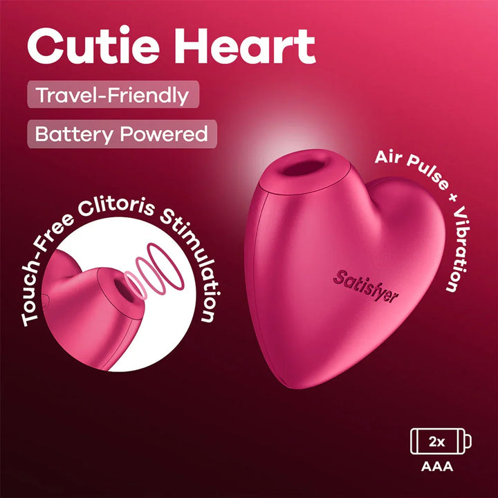 Satisfyer Cutie Heart Air Pulse Vibrator in Pink, product graphic with feature callouts