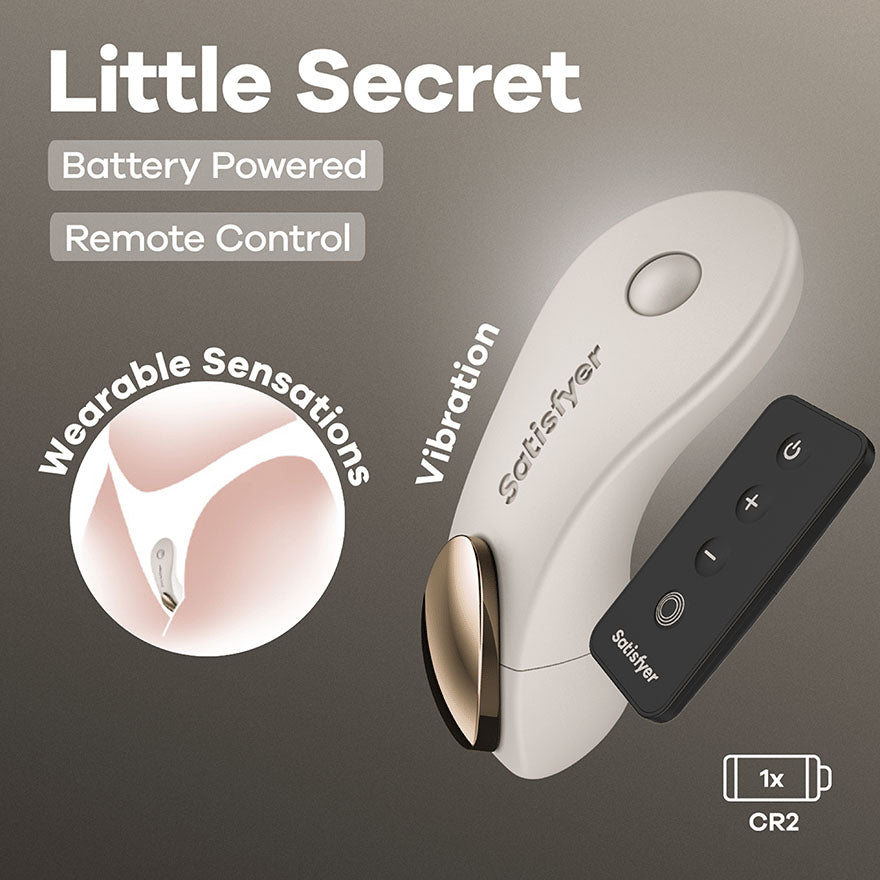Satisfyer Little Secret in Beige, product graphic with feature callouts
