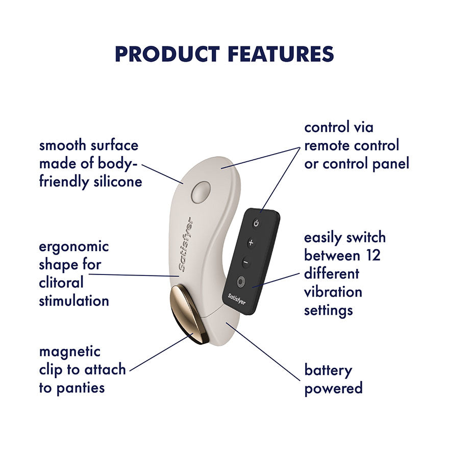 Satisfyer Little Secret - Remote Control Panty Vibrator in Beige, labelled feature diagram