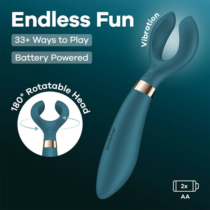 Satisfyer Endless Fun Stimulator in Green, product graphic with feature callouts