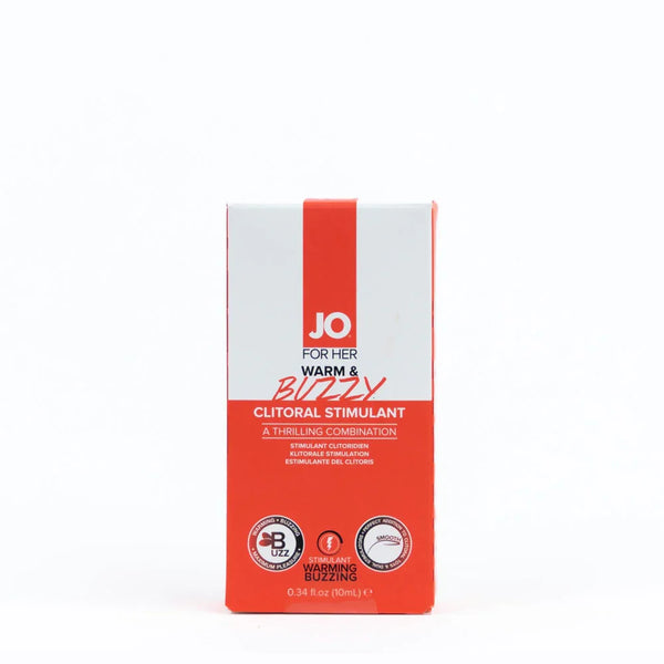 JO For Her Warm and Buzzy clitoral stimulant, front of the orange and white 10 ml carton