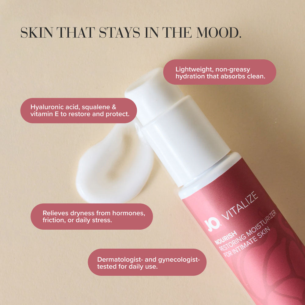 Skin That Stays In The Mood panel, the bottle on its side beside a swatch of the cream