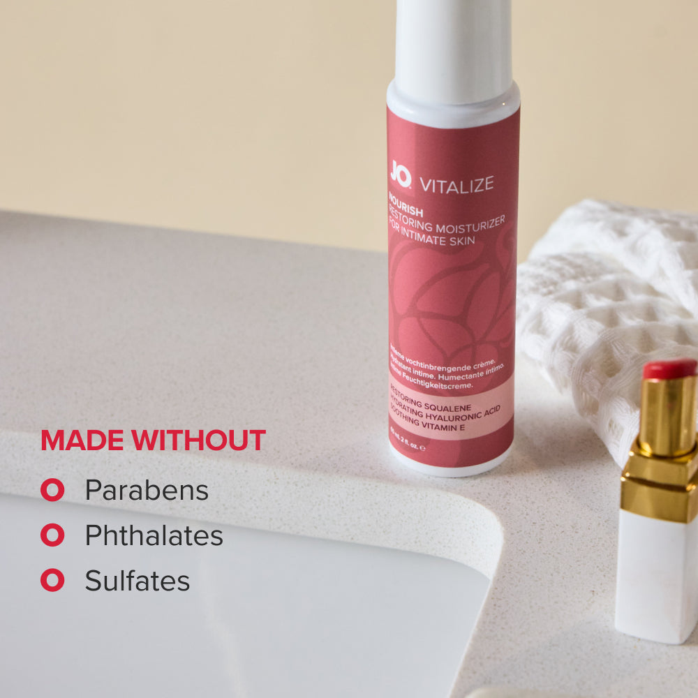 Made Without panel, no parabens, phthalates or sulfates, beside the bottle on a basin edge