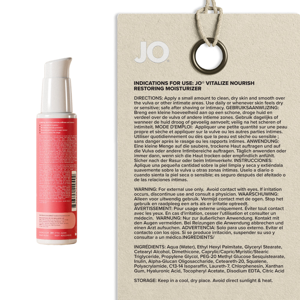 Back of the Vitalize Nourish bottle beside its printed directions and ingredients panel