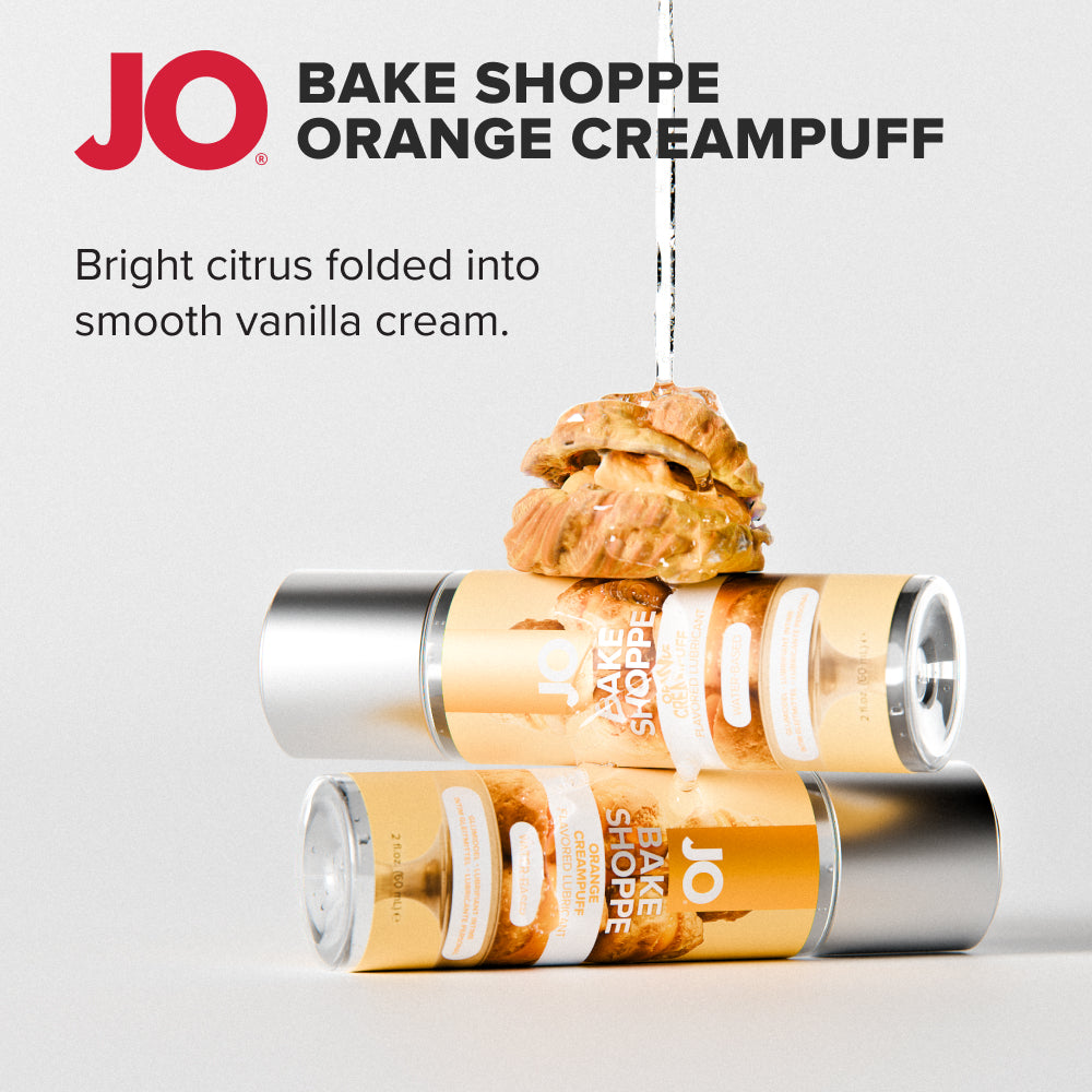 Orange Creampuff bottles stacked under a cream puff, JO Bake Shoppe title panel