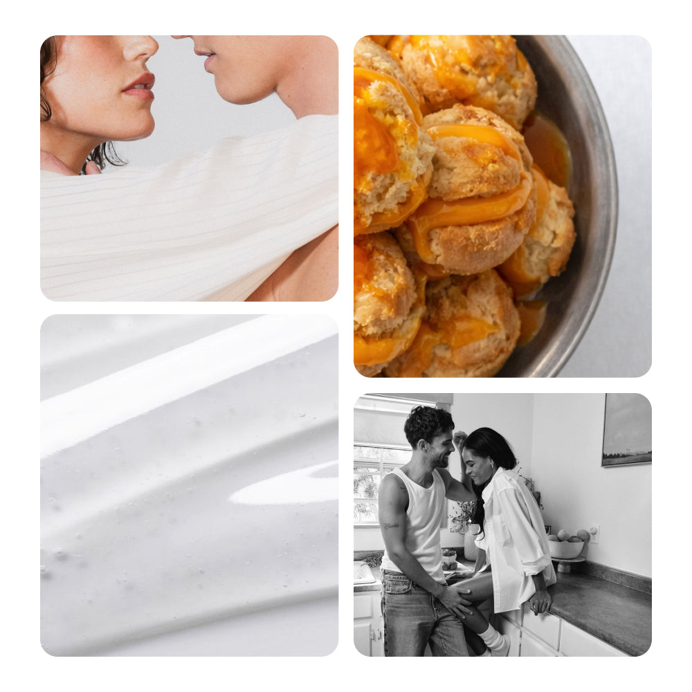 Collage of two women close together, a bowl of cream puffs and a couple in a kitchen