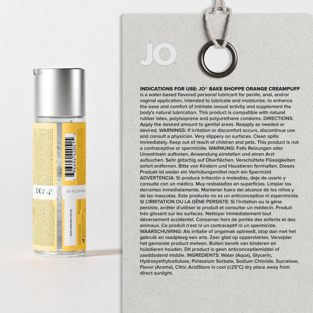 Back of the Orange Creampuff bottle beside its printed directions and ingredients panel