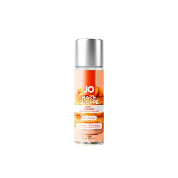 JO Bake Shoppe Peach Cobbler lubricant, 60 ml bottle with silver cap alone on white