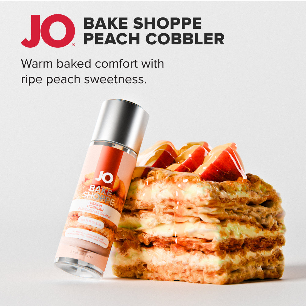 Peach Cobbler bottle beside a slice of layered peach cobbler, JO Bake Shoppe title panel