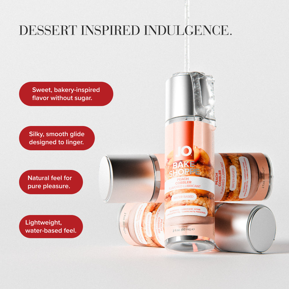 Dessert Inspired Indulgence panel, Peach Cobbler bottles toppled with the benefit callouts