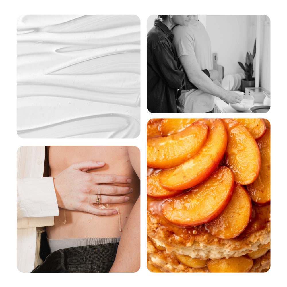 Collage of a gel swirl, a couple in a kitchen, a hand at a waist and sliced peaches