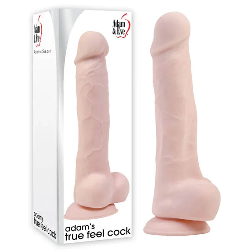 True Feel Cock 7 inch dildo in Flesh with balls and suction base, beside its box