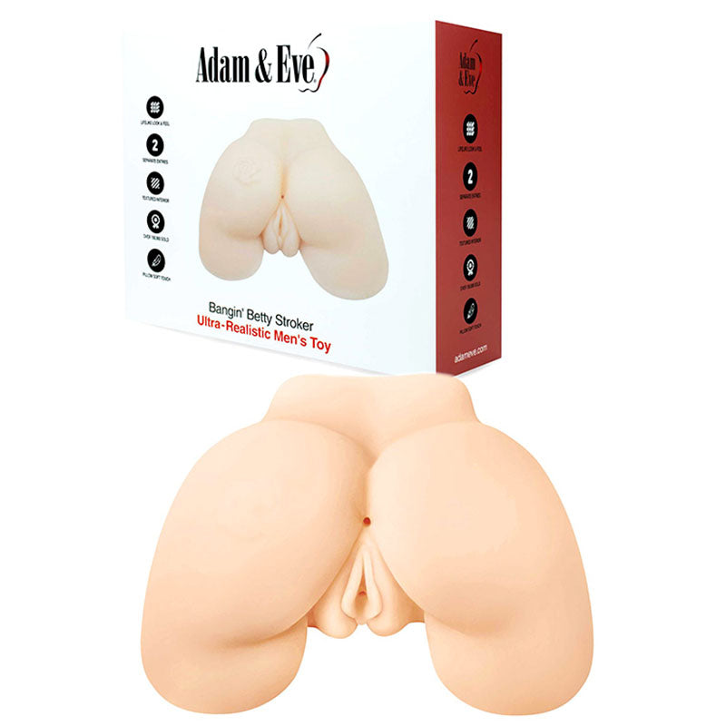 The image showcases the Adam & Eve Bangin Betty - Flesh Doggy-Style Masturbator, a realistic stroker resembling a lower torso with detailed anatomy. Its packaging prominently displays product icons and the brand name.