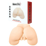 The image showcases the Adam & Eve Bangin Betty - Flesh Doggy-Style Masturbator, a realistic stroker resembling a lower torso with detailed anatomy. Its packaging prominently displays product icons and the brand name.
