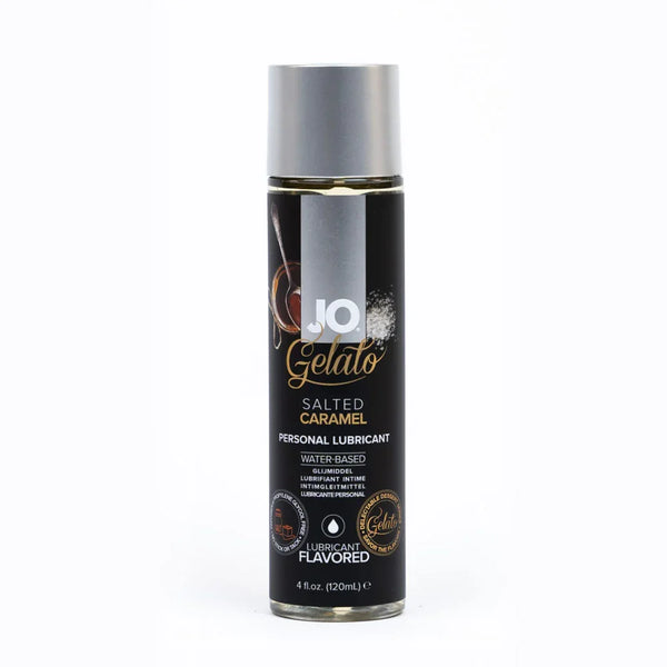 JO Gelato Salted Caramel lubricant, 120 ml bottle with a black and caramel label
