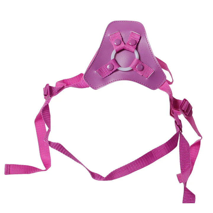 Pink adjustable harness with metal ring, nylon straps, and snap closures for bondage use.