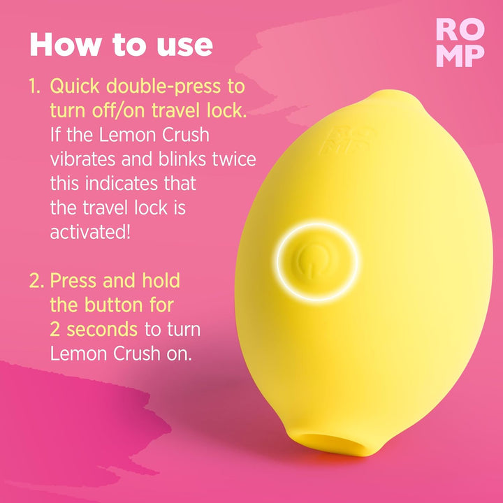 ROMP Lemon Crush yellow stimulator with its single control button highlighted and usage steps