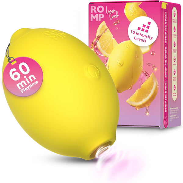 ROMP Lemon Crush yellow lemon-shaped clitoral stimulator in front of its pink retail box