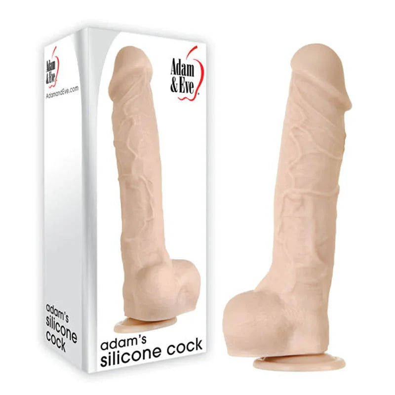 True Feel XL 10.5 inch silicone dildo in Flesh, veined shaft beside its box