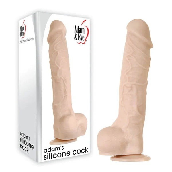 True Feel XL 10.5 inch silicone dildo in Flesh, veined shaft beside its box