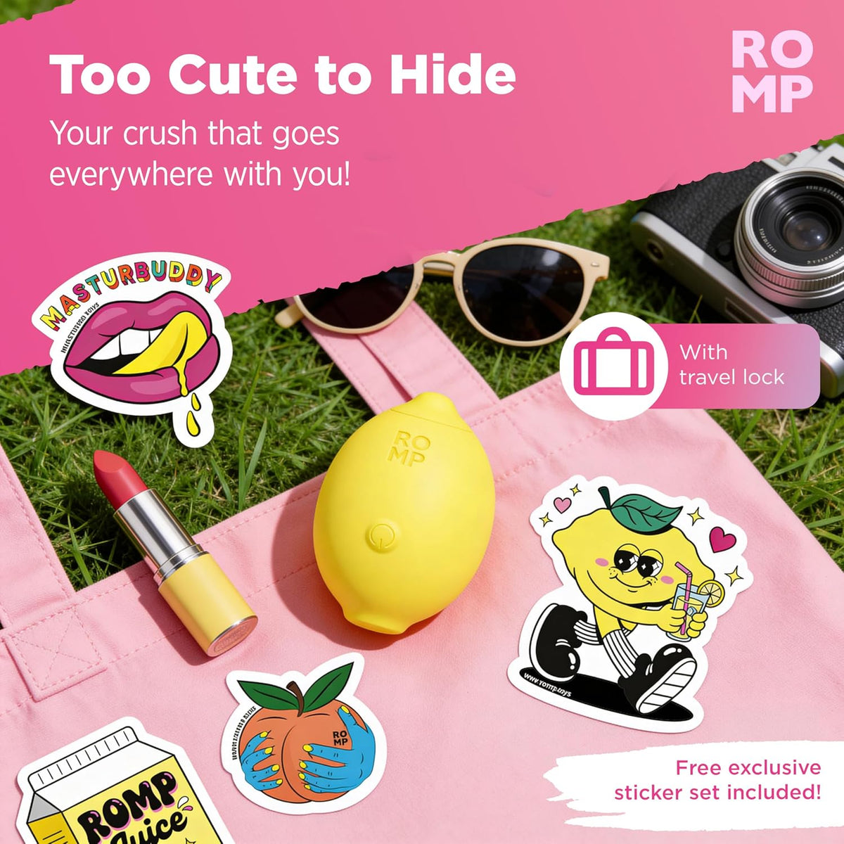ROMP Lemon Crush yellow stimulator on a picnic blanket beside sunglasses and the included sticker set