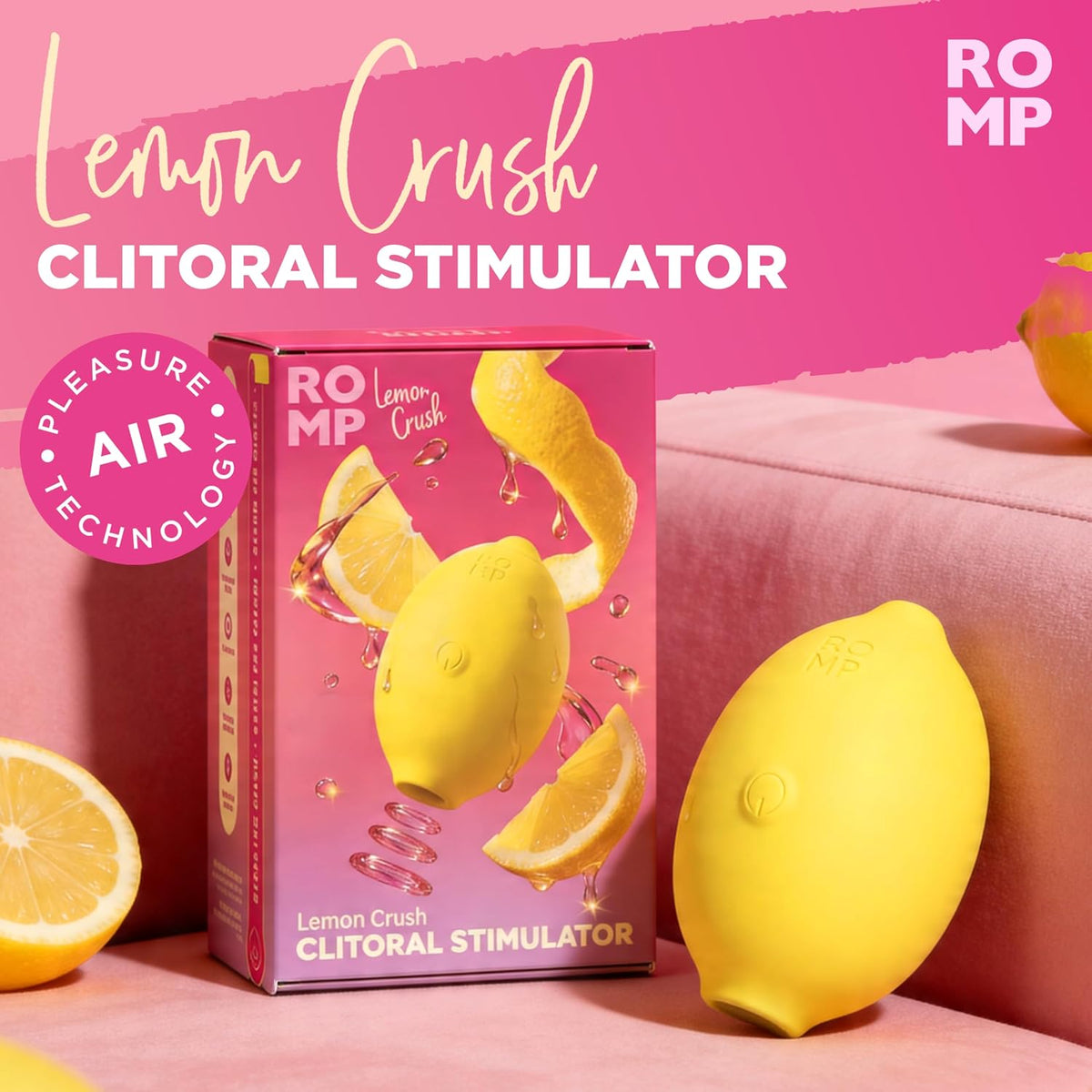 ROMP Lemon Crush yellow stimulator next to its pink Lemon Crush retail box