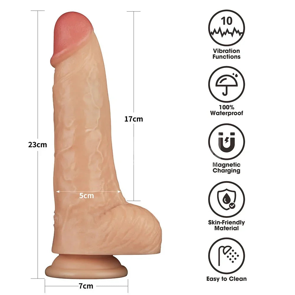 Size chart for the 9 inch Power Basics: 23 cm long, 17 cm insertable, 5 cm wide, 7 cm base