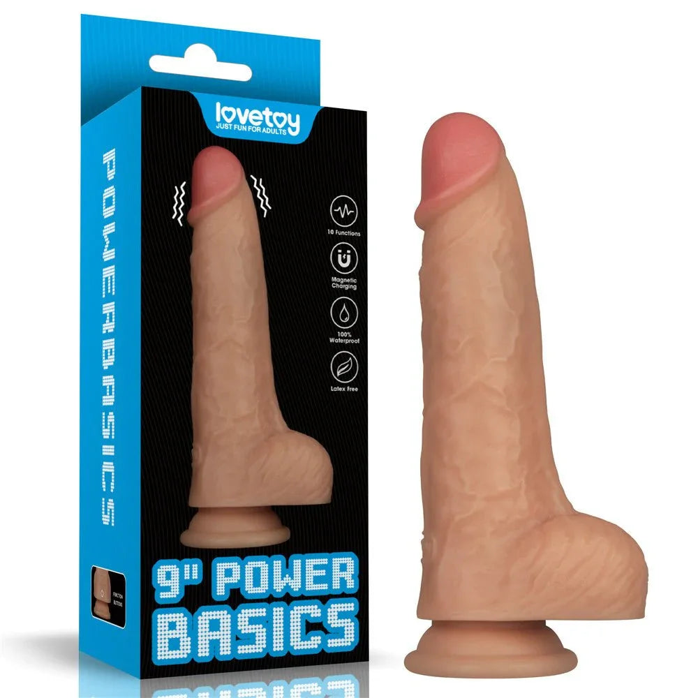 Lovetoy 9 inch Power Basics vibrating dong in Flesh beside its blue retail box