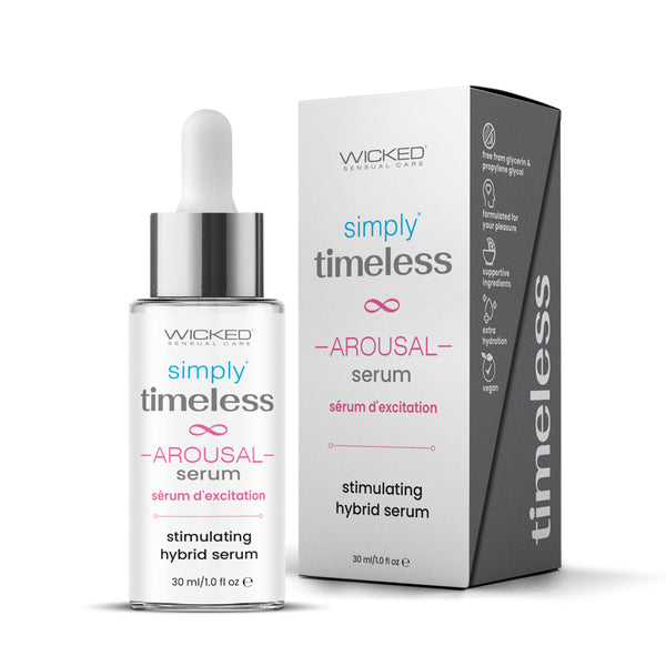 Wicked Simply Timeless Arousal Serum 30 ml, dropper bottle beside its retail carton
