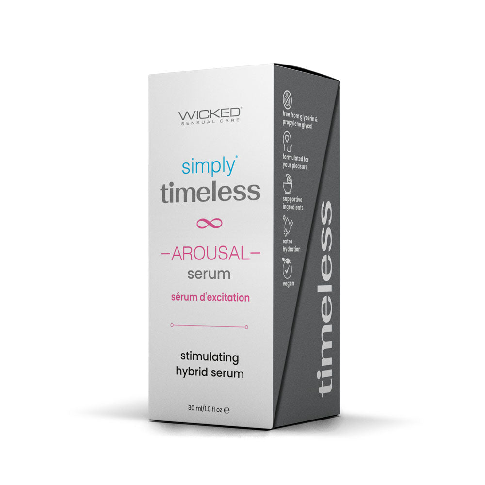 Wicked Simply Timeless Arousal Serum retail carton, front and side panels