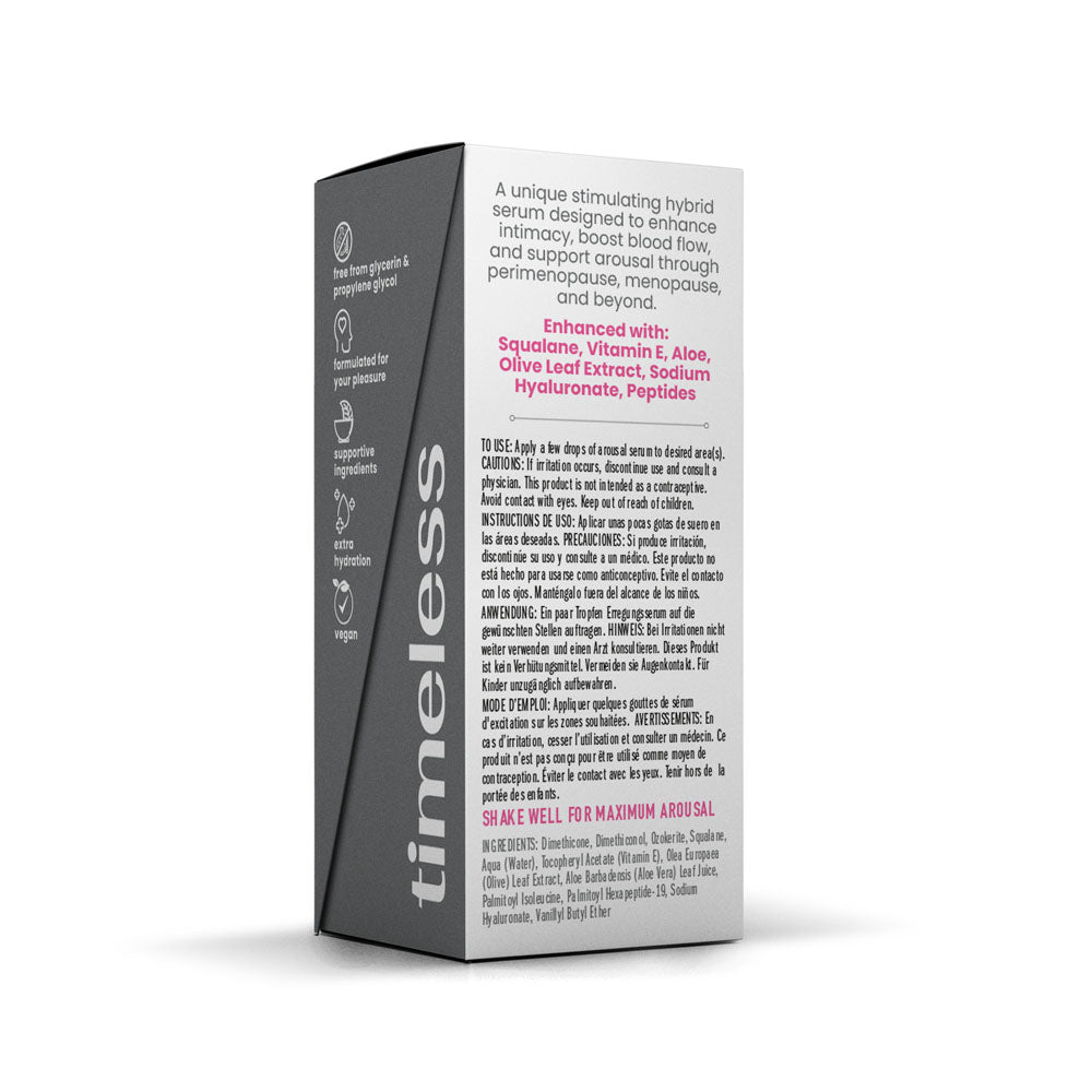 Wicked Simply Timeless Arousal Serum carton back panel with directions and ingredients