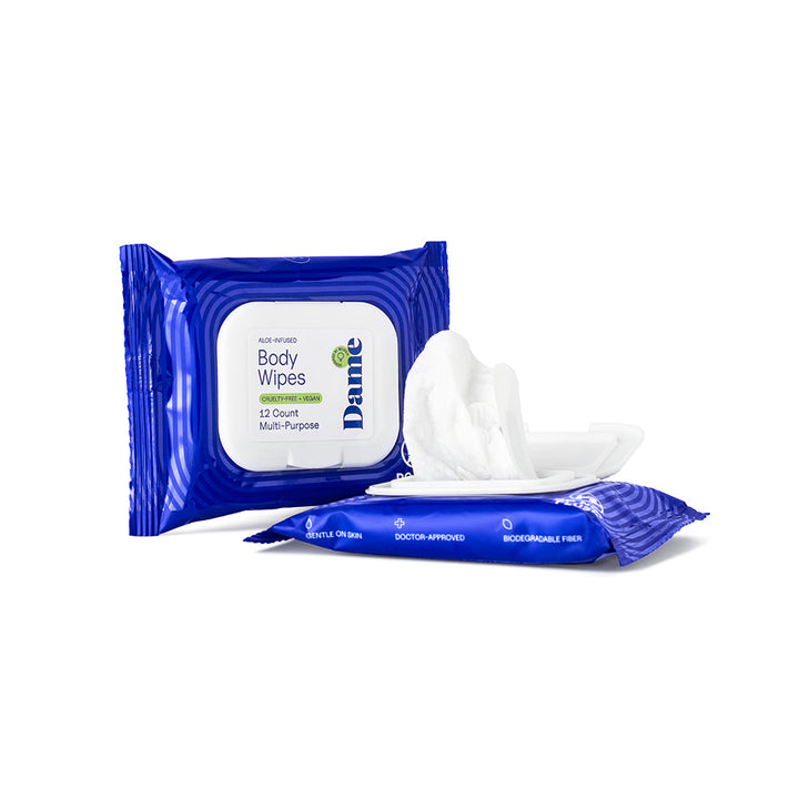 Dame body wipes 12ct aloe and cucumber retail packaging