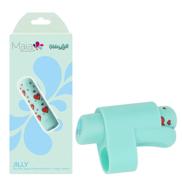 Maia Jilly finger vibrator in Teal, bullet and finger sleeve beside its Maia box