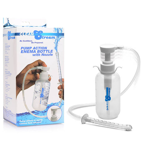 The CleanStream Pump Action Enema Bottle - 300 ml is shown beside its branded box, highlighting this innovative anal douche kit. It features a white pump, clear tube, and a transparent bottle with a silicone nozzle; the box displays text and a water-themed design.