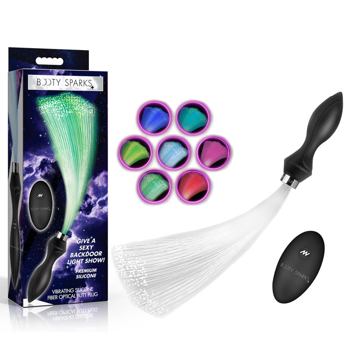Booty Sparks Vibrating Silicone Fibre Optical Butt Plug - Black USB Rechargeable Butt Plug with Multicolour Fibre Optic Tail