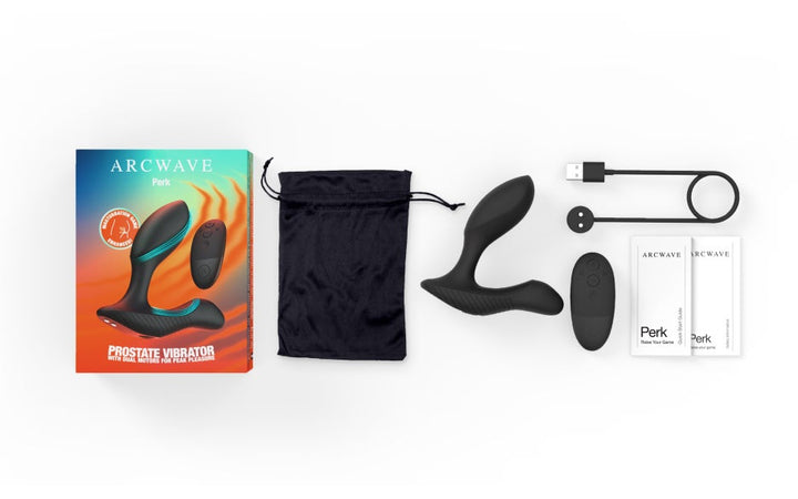 Arcwave Perk box contents: massager, remote, charging cable and documentation