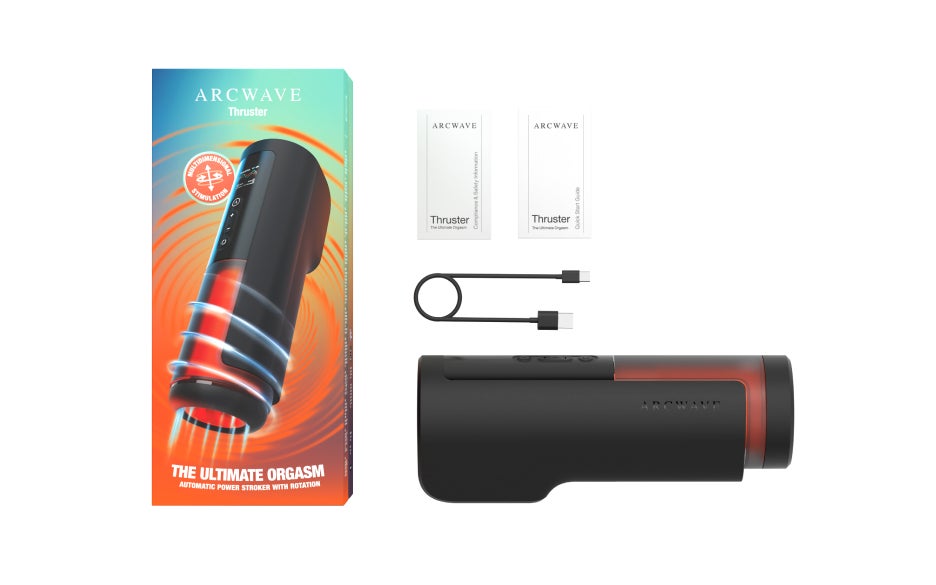 Arcwave Thruster box contents: stroker, charging cable, quick start guide and safety leaflet