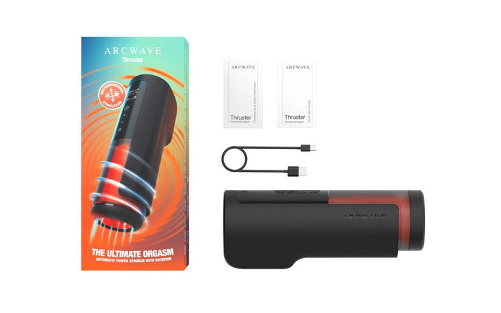 Arcwave Thruster box contents: stroker, charging cable, quick start guide and safety leaflet