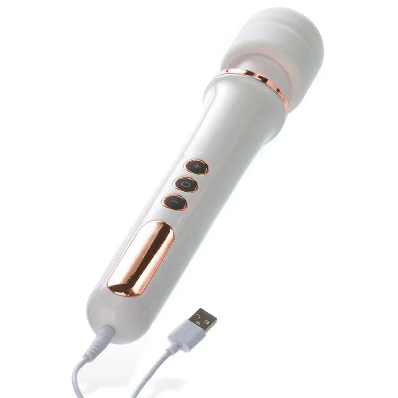 Magic Massager angled upright with its white USB charging cable