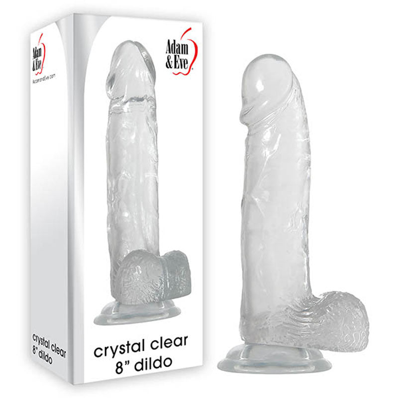 Clear 8-inch dildo with packaging featuring 'Adam & Eve' branding on a white background.
