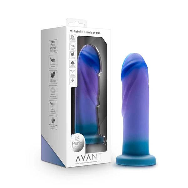 Avant Midnight Rendezvous silicone dildo in deep blue and purple with its Avant box