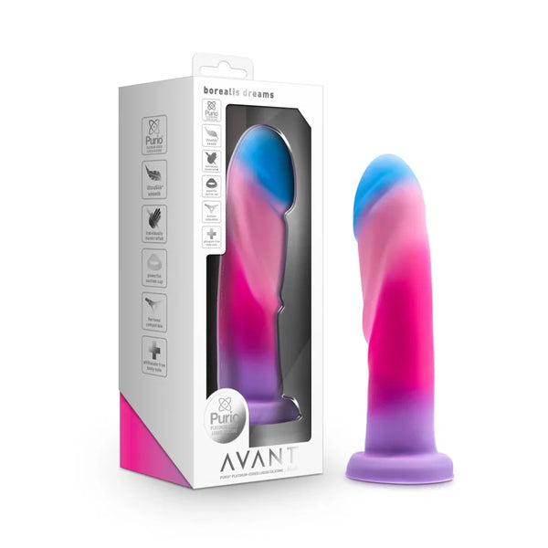 Avant Borealis Dreams silicone dildo in blue, pink and purple swirls with its Avant box