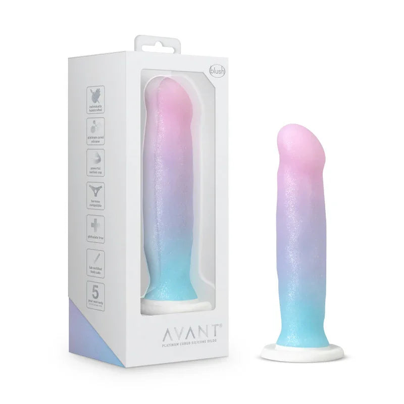 Avant D17 Lucky silicone dong in pastel pink and blue glitter with its Avant box
