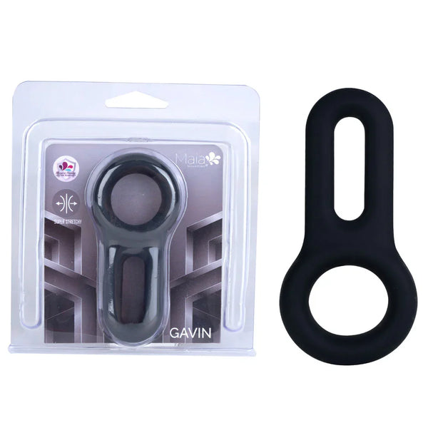 Maia Gavin cock and balls ring in Black, dual-loop silicone ring beside its blister pack